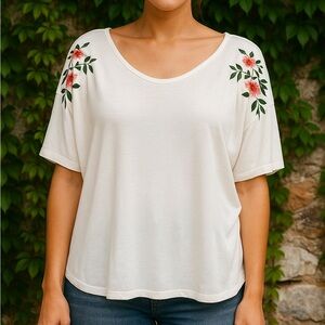 BLOOMCHIC Embroidered White Short Sleeve Tee, 26W